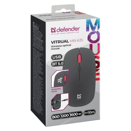 Bezprzewodowa mysz Defender Virtual MB‑635 – Silent Click, 1600 DPI (RF + Bluetooth)